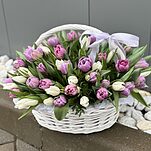 Корзина Моника из белых и фиолетовых тюльпанов