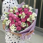 Букет Романтика из пионовидных роз мисти баблз и эустомы