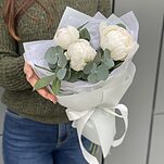Букет Ice Cream из 3 белых пионов и эвкалипта