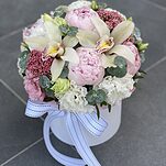 Коробка Асель из пионов, цимбидиума, эвкалипта и озотамнуса