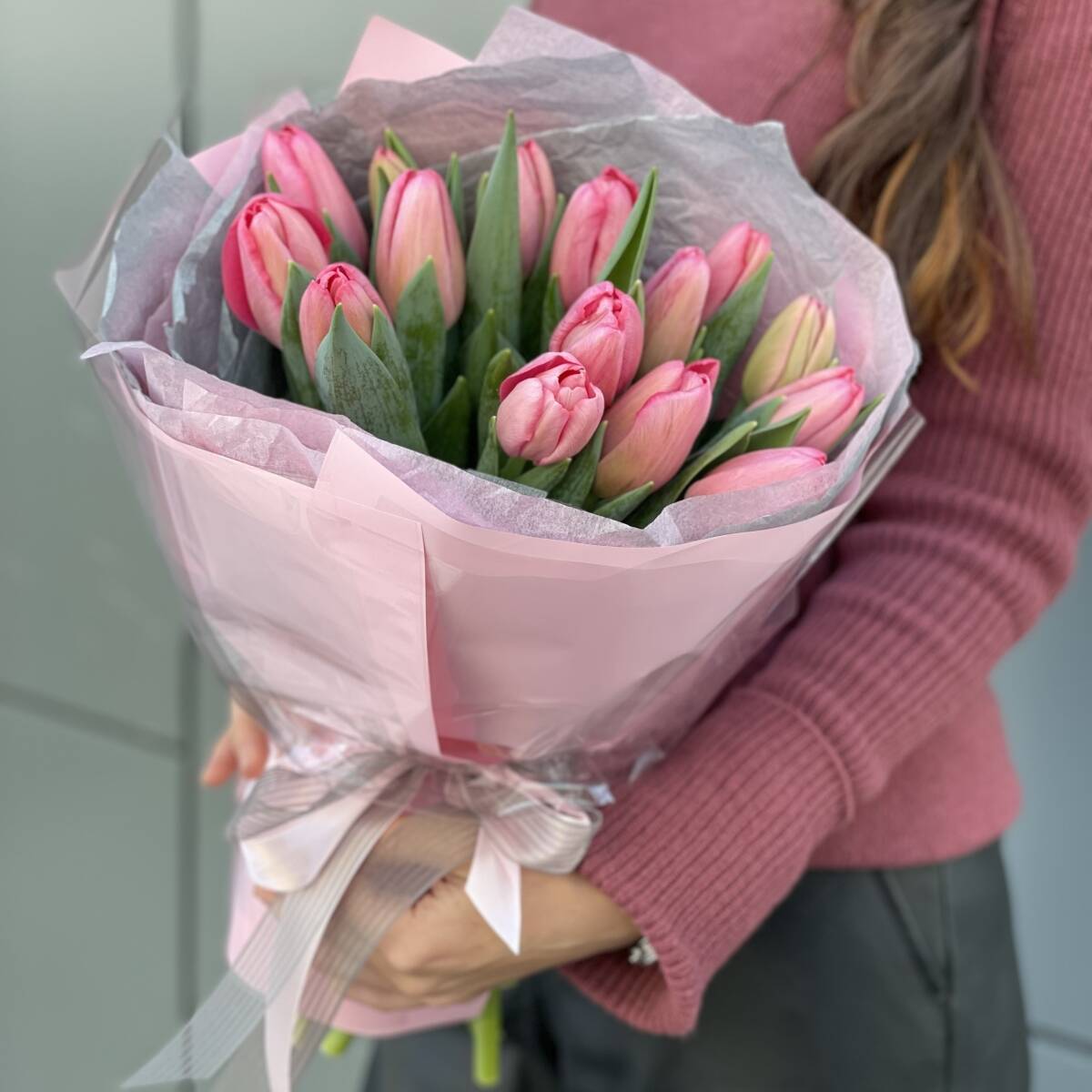 Букет Моя Весна из 15 розовых тюльпанов