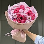Букет Юбилейный Медиум из кустовых пионовидных роз и хризантемы