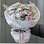 Букет Луна из тюльпанов, аспарагуса и диантуса