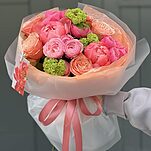 Букет Грейпфрутовый Фреш из розы кахала, пионов, вибурнума и пионовидной розы
