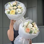 Букет Свежесть Утра из эустомы, танацетума и роз