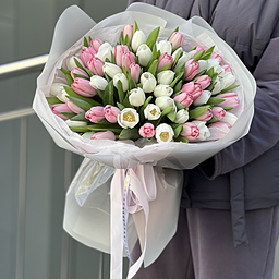 Букет Сладость из 65 белых и розовых тюльпанов