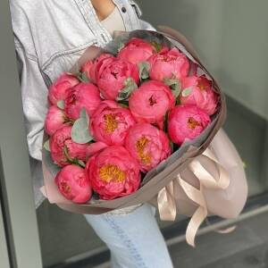 Букет Коралл Шарм из 15 пионов и эвкалипта