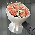 Букет Летнее Очарование M из роз сорта кахала, танацетума