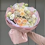 Букет Ласковый ветер из роз, маттиолы, эустомы, озотамнуса и танацетума