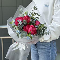 Букет Принцесса Дисней из 5 бордовых пионов, оксипеталума и эвкалипта