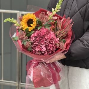 Букет Оттенки Бургунди из гортензии, подсолнуха, антирринума, леукодендрона и скиммии