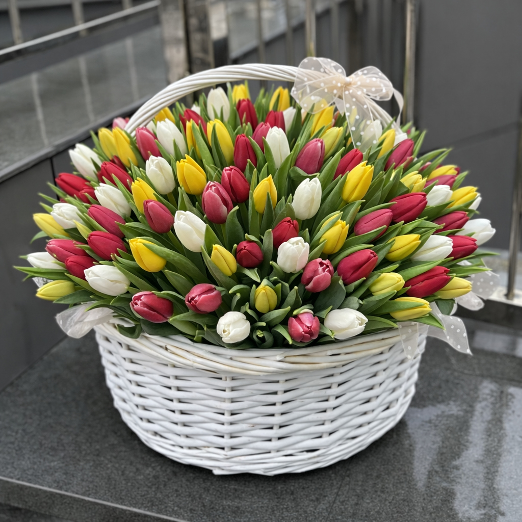 Корзина Фломастеры из 101 микса тюльпанов