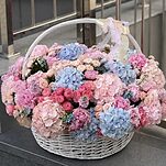 Композиция Королевский размах из гортензий, пионов, пионовидных роз, маттиолы и оксипеталума